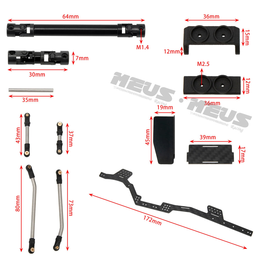 Meus Racing 1/24 Transmission Front System DIY Kits LCG Carbon Fiber Chassis Frame Bend Links Drive Shaft Magnetic Invisible Body Mount 132MM Wheelbase for SCX24 C10 Wrangler - HeliDirect