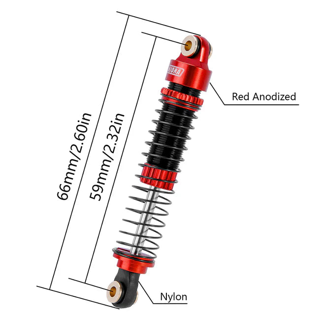 INJORA 59mm Long Threaded Oil Filled Shocks for 1/18 TRX4M (2pcs) - RED - HeliDirect