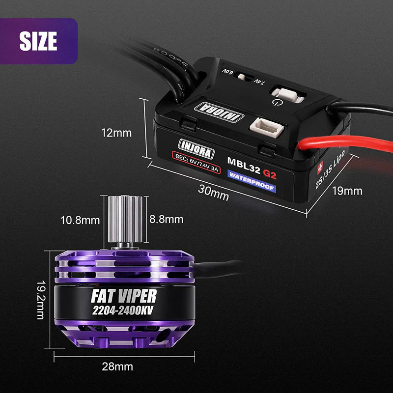 INJORA MBL32 G2 Waterproof Brushless ESC & 2204 Fat Viper Motor for 1/24 SCX24