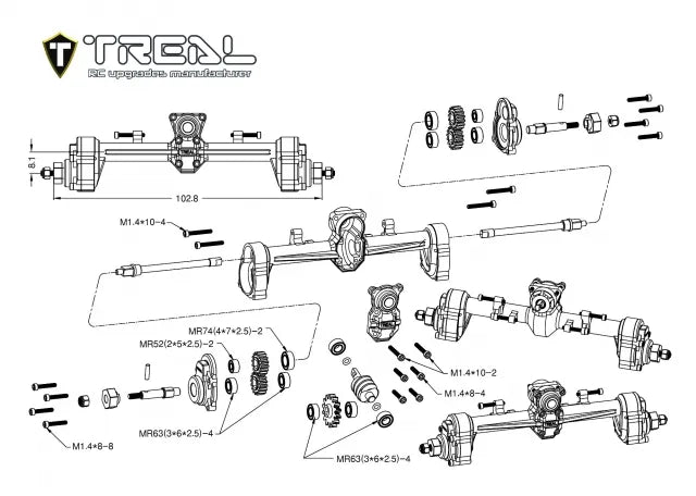 TREAL SCX24 Rear Portal Axles Complete Kit, Aluminum 7075 CNC Machined Axle Housing for Axial 1/24 SCX24 - SILVER - HeliDirect