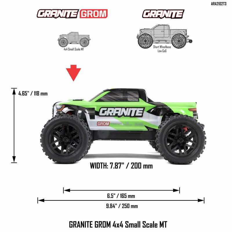ARRMA 1/18 GRANITE GROM MEGA 380 Brushed 4X4 Monster Truck RTR with Battery & Charger - GREEN