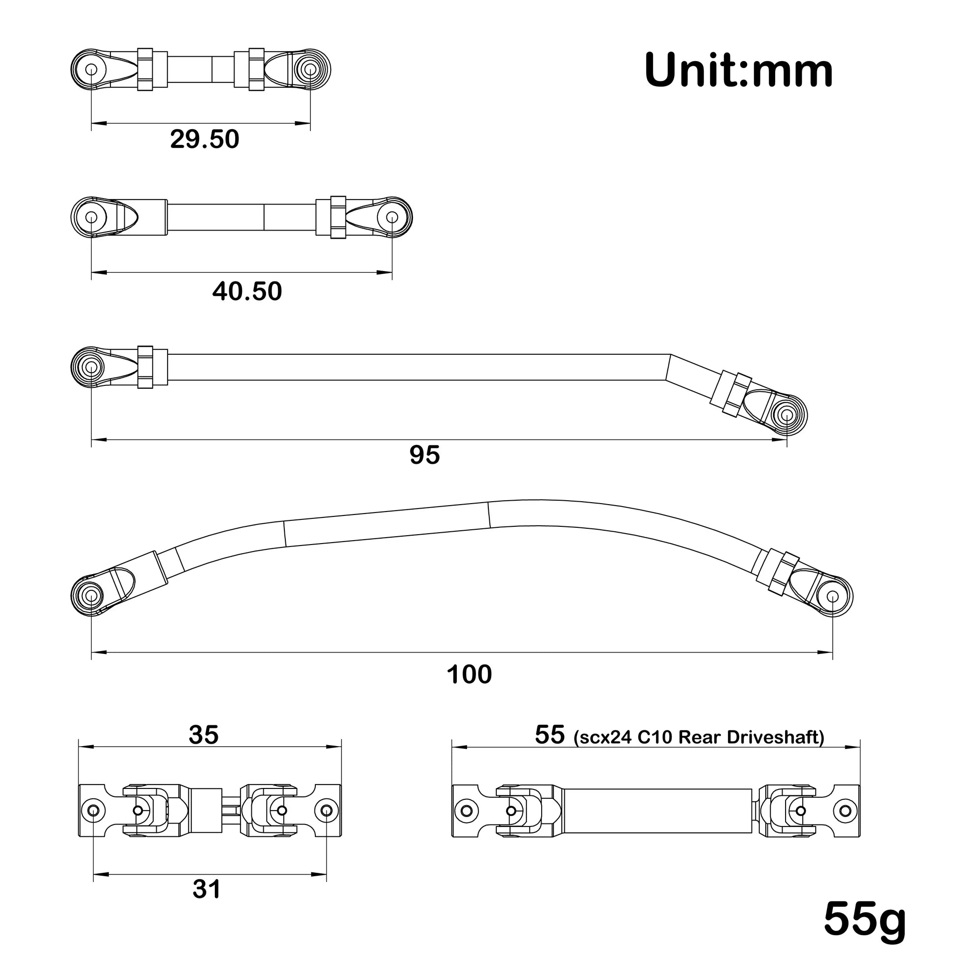 MEUS Racing Titanium LCG MD24 Chassis/ MD24 Dig Chassis Drive Shafts & Chassis Links for 1/24 SCX24
