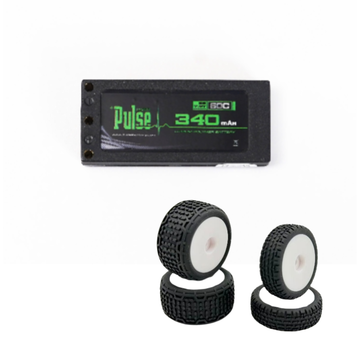 Combo PULSE 340mah 2S 7.6V 60C LiHV Hardcase Battery + HobbyPlus Premounted Front / Rear Tires (White)