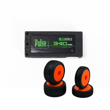 Combo PULSE 340mah 2S 7.6V 60C LiHV Hardcase Battery + HobbyPlus Premounted Front / Rear Tires (Orange)