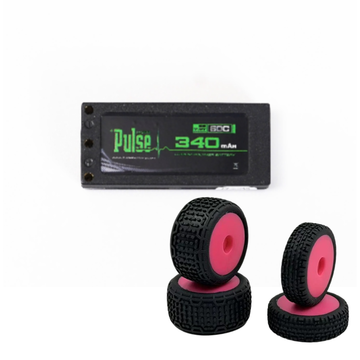 COMBO PULSE 340mah 2S 7.6V 60C LiHV Hardcase Battery + HobbyPlus Premounted Front / Rear Tires (Pink) - Speck B