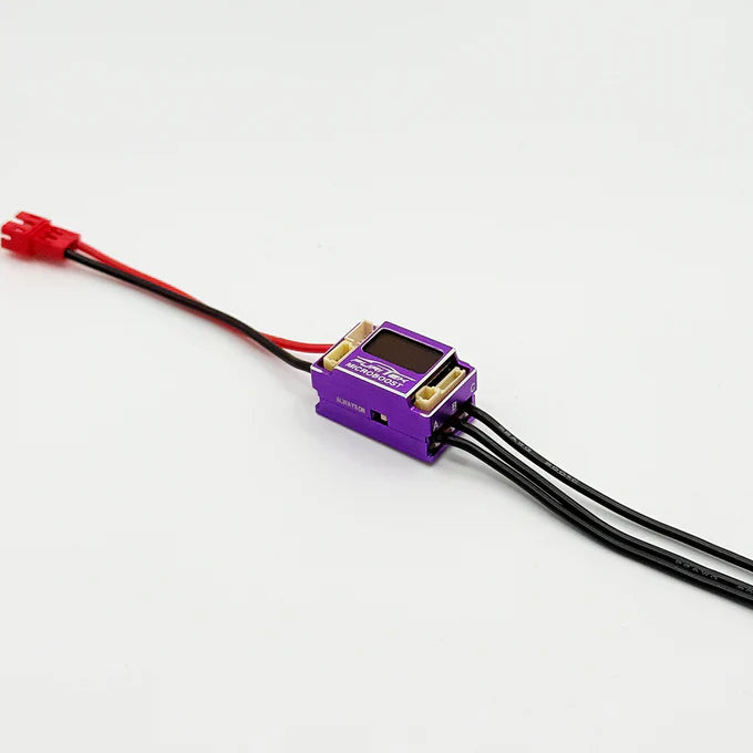 FURITEK MICROBOOST 2S LiPo 25A/50A Brushless ESC for 1/24 & 1/28 Drift/Race Cars - Sensored/Sensorless, Purple Color with LCD Display, Solderable and Wire Replaceable