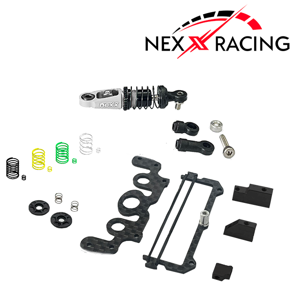 NXUSA-300-62 Nexx Racing Combo Dual Spring Center Oil Shock Premium + Conversion Battery Mount for Specter Kit - SILVER - HeliDirect
