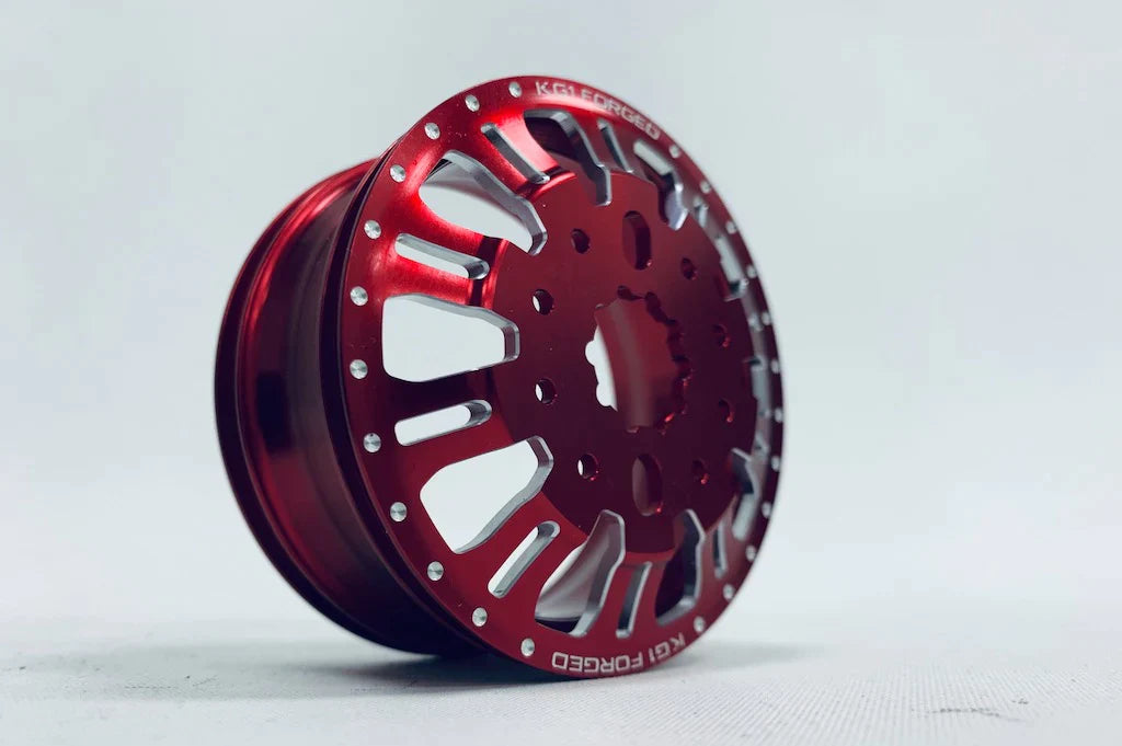KG1 KD004 CNC Aluminum FRONT Dually Wheel (RED anodize, 2pcs, w/cap and decal, screws) - HeliDirect